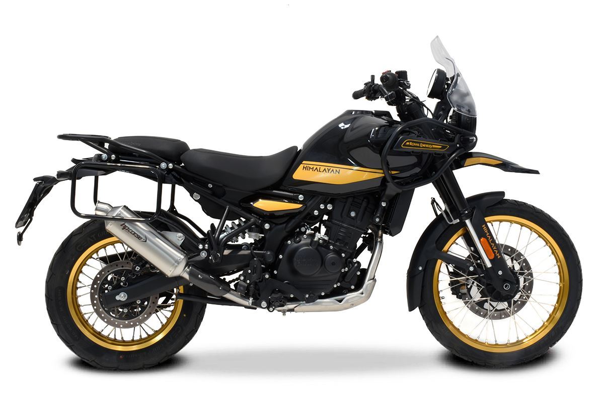 Zijaanzicht HP Corse SP-1 Short uitlaat op Himalayan 450