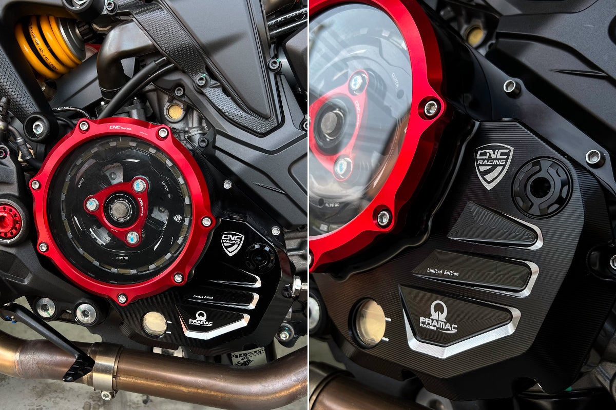 Koppelingsdeksel met open venster Pramac Racing Edition Ducati Hypermotard 950 RVE (2020-2025) zwart-rood gemonteerd op Monster