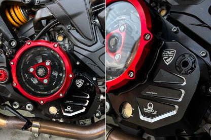 Koppelingsdeksel met open venster Pramac Racing Edition Ducati Hypermotard 950 RVE (2020-2025) zwart-rood gemonteerd op Monster
