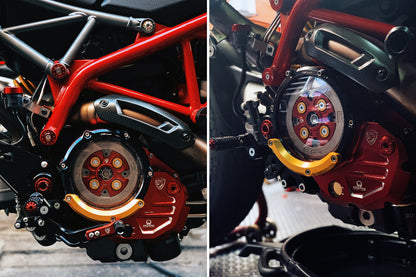 Koppelingsdeksel met open venster Pramac Racing Edition Ducati Hypermotard 950 RVE (2020-2025) rood-zwart gemonteerd