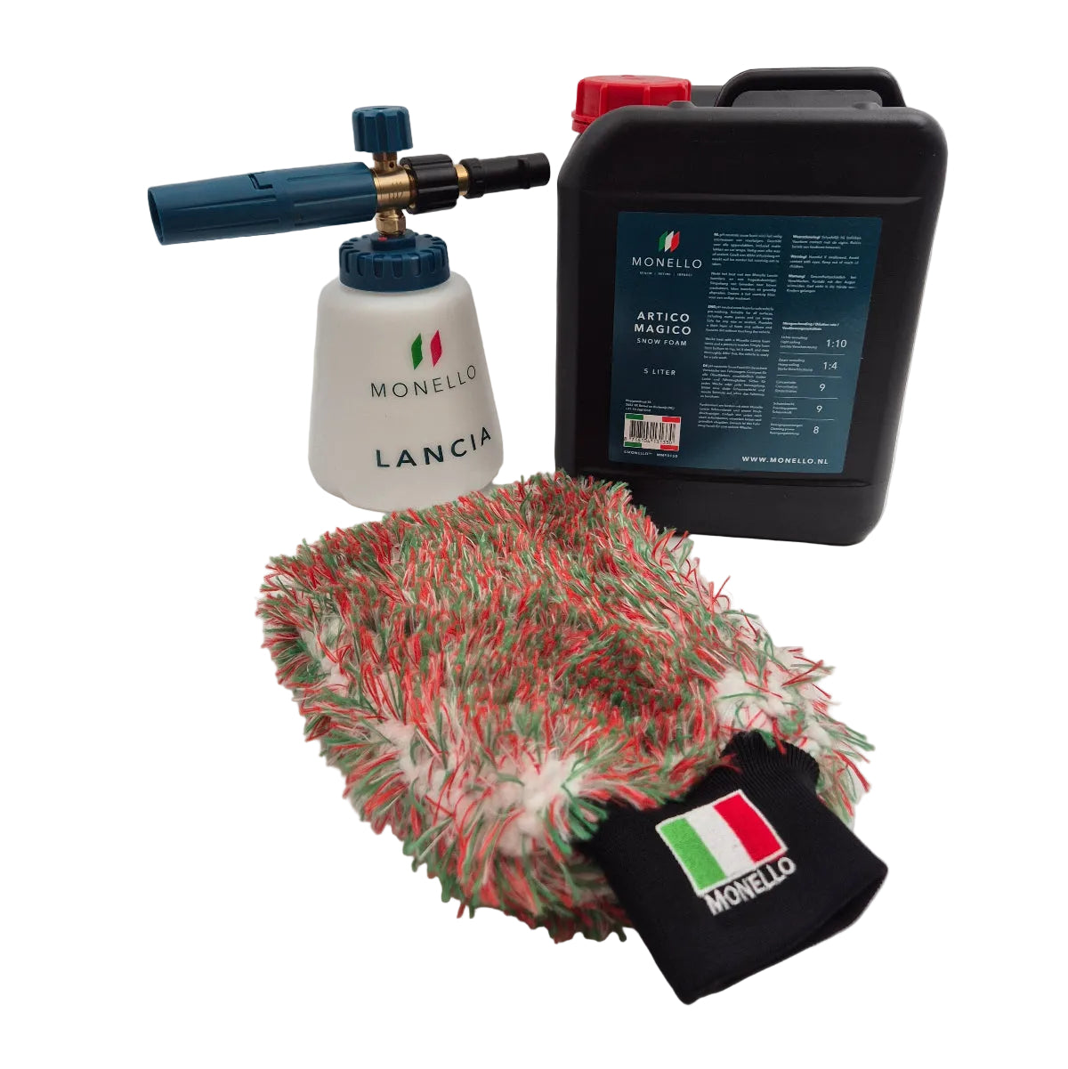 Voordeelpakket van 5L Monello Artico Magico, Monello Guanto Tricolore washandschoen en Monello Lancia 2.0 foam lans