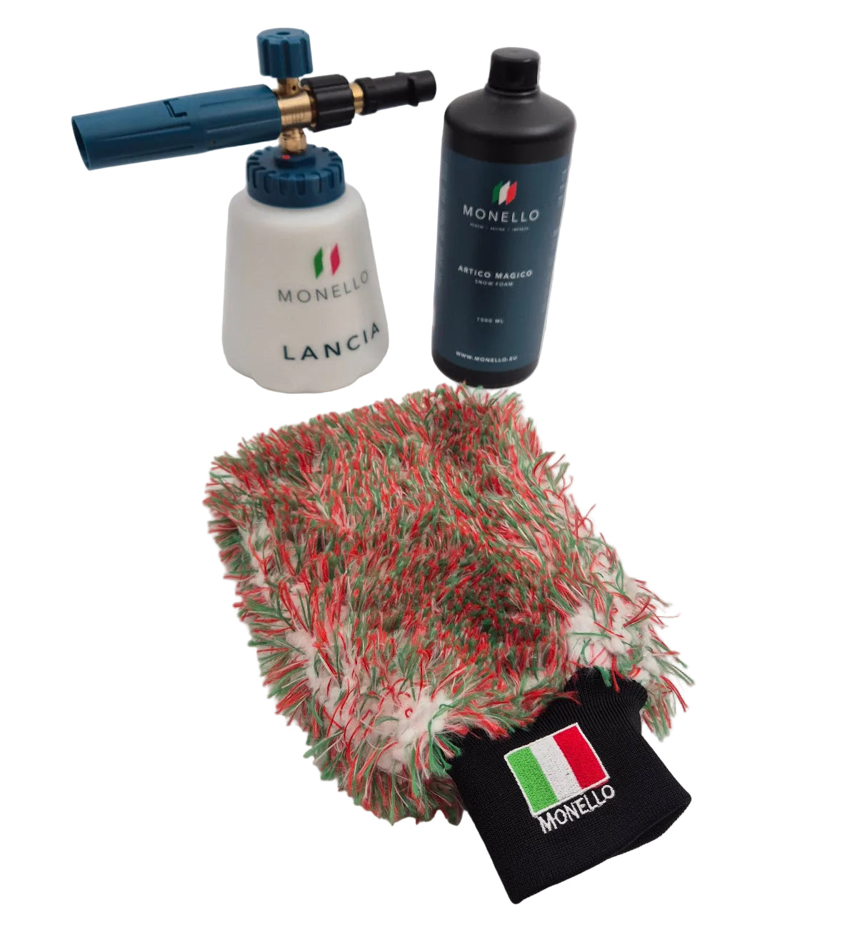 Voordeelpakket van Monello Lancia 2.0 met Monello Artico Magico en Monello Guanto Tricolore washandschoen